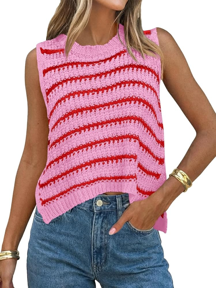 Saodimallsu Womens Sleeveless Striped Sweater Vest Crew Neck Summer Casual Side Split Knit Tank T... | Amazon (US)