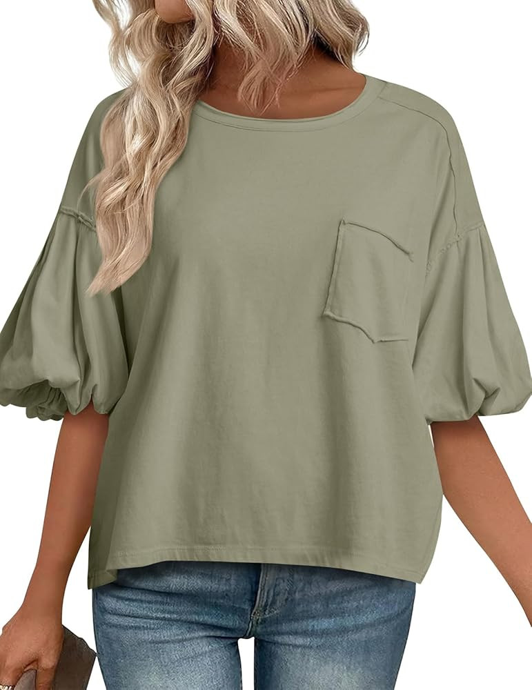 Cicy Bell Womens Puff Sleeve Tops Crew Neck Drop Shoulder Pocket T-Shirt Summer Casual Tees Loose... | Amazon (US)