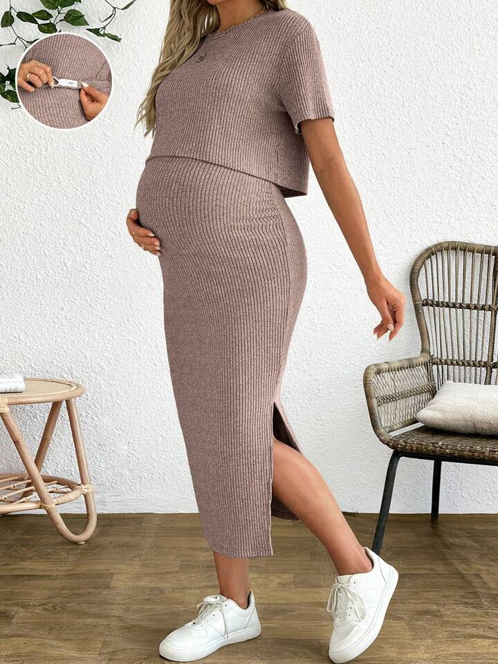 SHEIN 2pcs Maternity Vacation Casual Solid Color Short Sleeve T-Shirt & High Waist Skirt Set | SHEIN