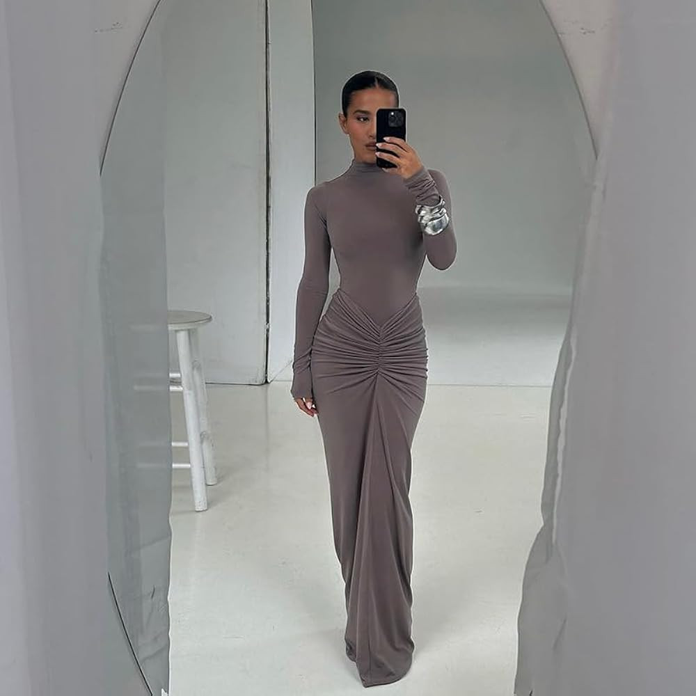 Womens Sexy Maxi Dress Long Sleeve Ruched Bodycon Turtleneck Club Party Casual Wedding Dresses | Amazon (US)
