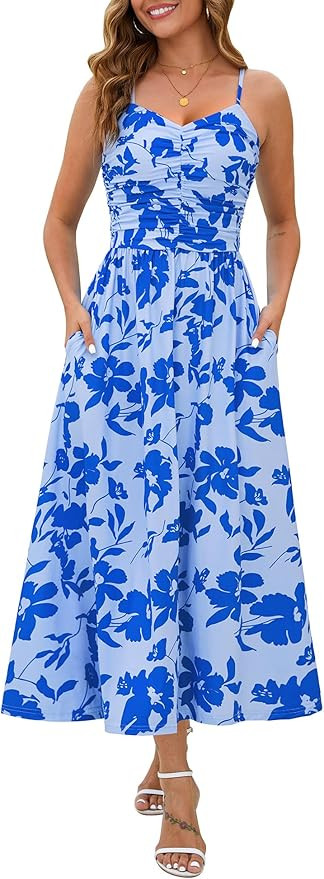 Annebouti Women 2025 Summer Spring Ruched Maxi Dress Adjustable Spaghetti Strap Floral Beach Long... | Amazon (US)