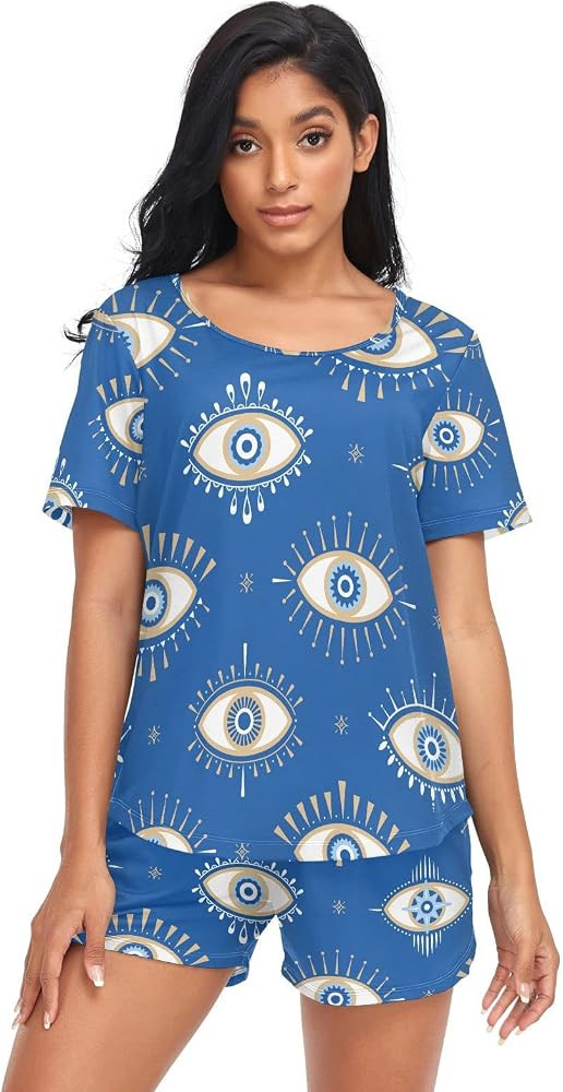 Evil Eye Magic Blue Pajama Sets for Women Short Sleeves Loungewear Sleepwear PJ Sets Funny S | Amazon (US)