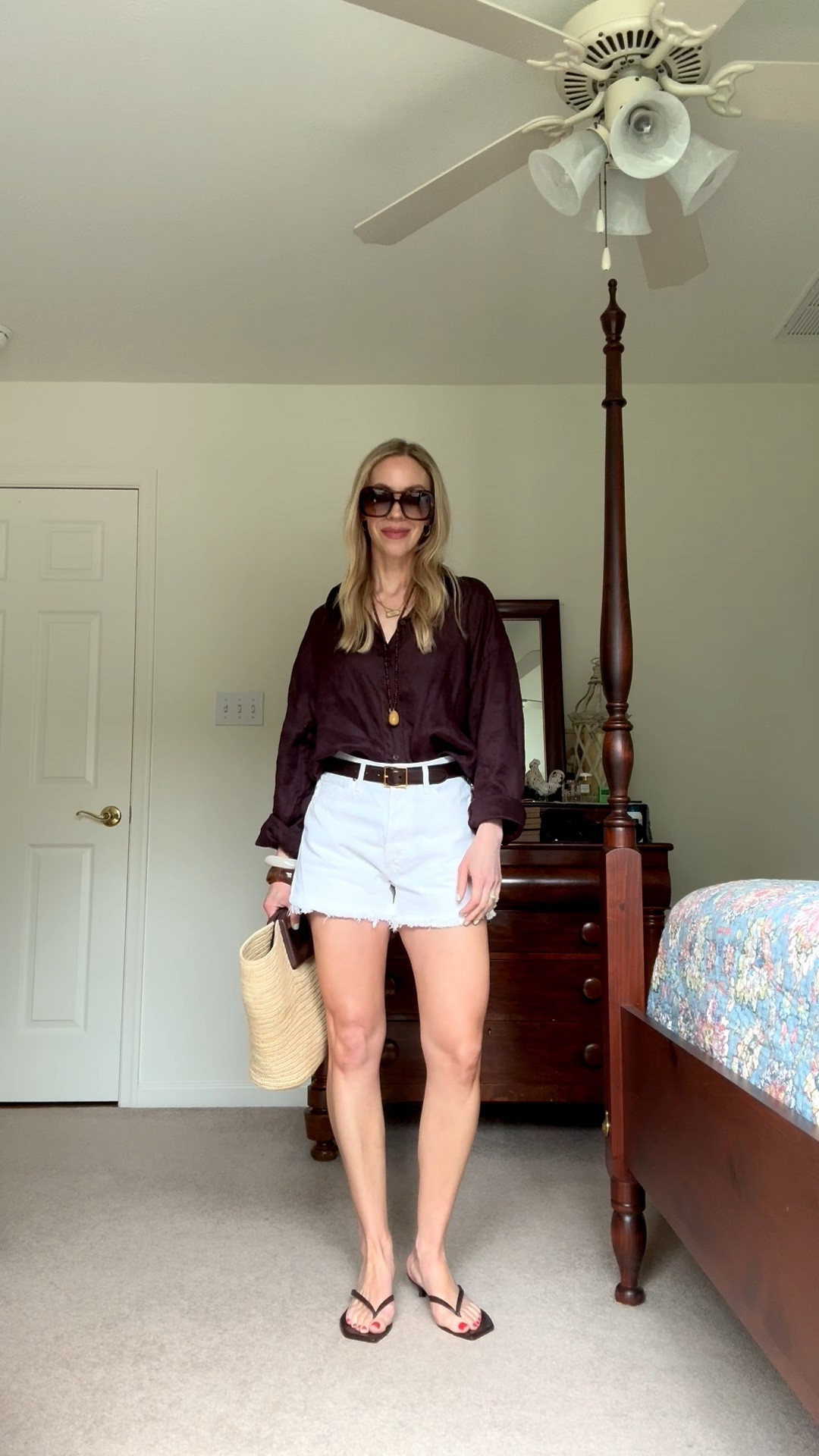 Dark brown linen shirt with white denim shorts, summer vacation, Le Tanneur straw tote, style over 40

#LTKOver40 #LTKSeasonal #LTKSaleAlert