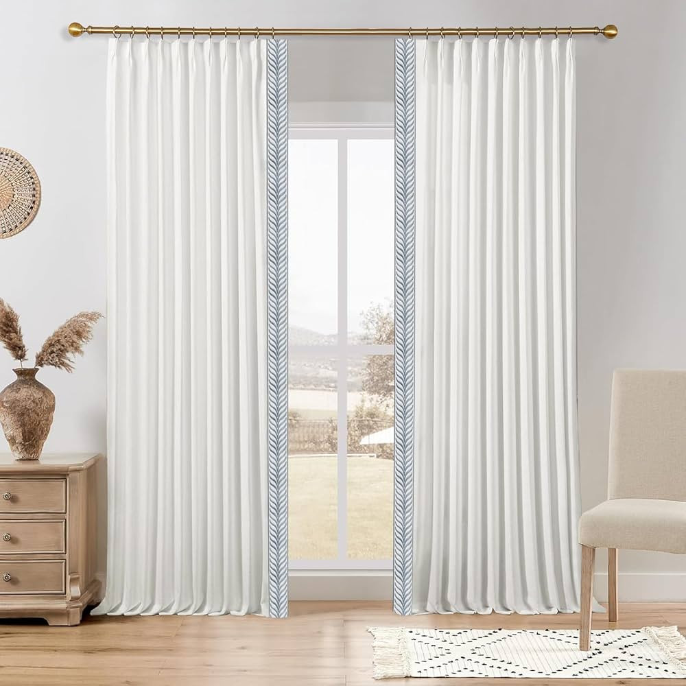 Blackout Linen Curtains, Pinch Pleated Blue V Tape Trim Curtains for Bedroom, Living Room, 40 Wid... | Amazon (US)
