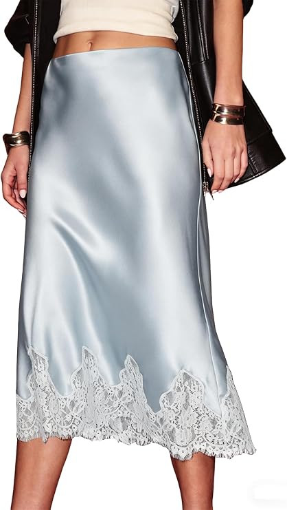 Women's Satin Skirts High Waist Silk Midi Skirt Summer Lace Trim Flowy Cocktail Party A Line Skir... | Amazon (US)