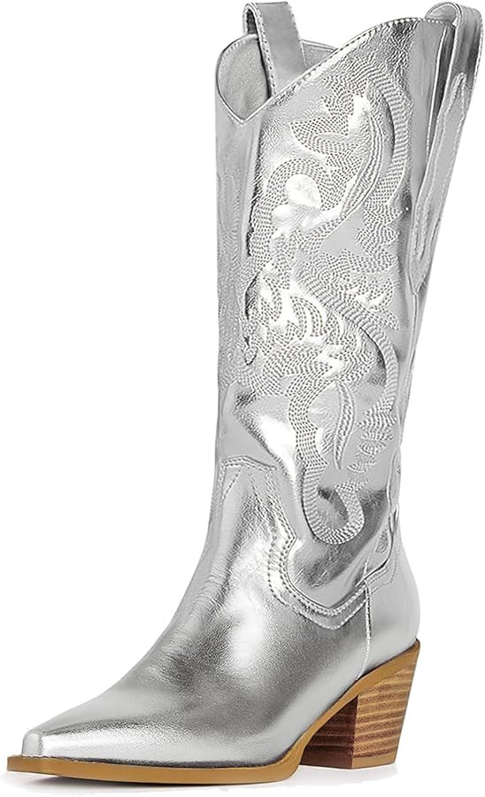 Women's Cowgirl Boots Embroidered Cowboy Pointed Chunky Block Heel Western Vintage Mid-calf Boots | Amazon (US)