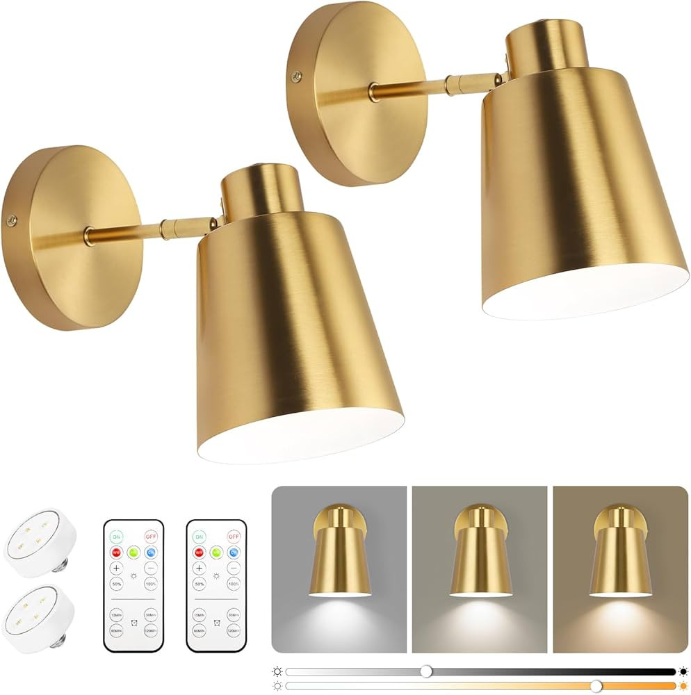 Gold Wireless Battery Operated Wall Sconces, Industrial Cordless Battery Powered Led Wall Lights ... | Amazon (US)