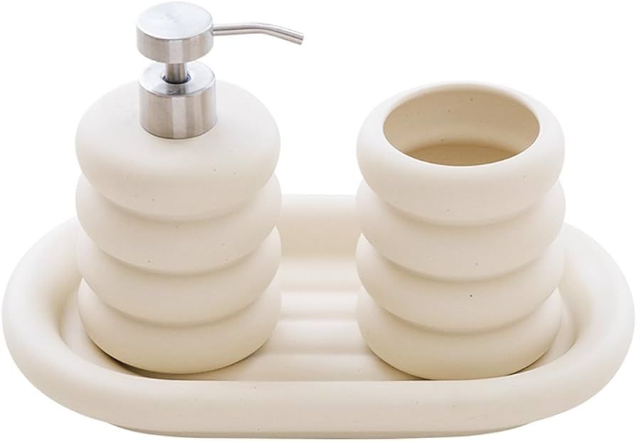 Countertop Ceramic Soap Dispensers Set, Chubby Donut Bathroom Bottle with Pump and Tray Set of 3,... | Amazon (US)