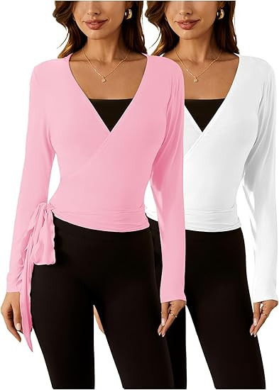 SweatyRocks Women's 2 Pack Yoga Shirts Wrap Ruched Tie Front Long Sleeve Workout T Shirts | Amazon (US)