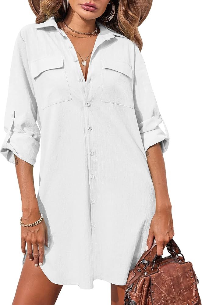 Hotouch Women's Oversized Button Down Shirt Dress with Pockets Long Sleeve Cotton Linen Cover Ups... | Amazon (CA)