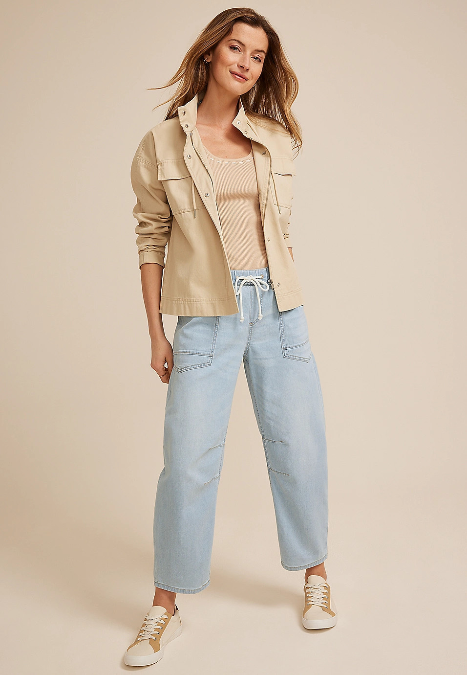 Mid Rise Pull On Knit Barrel Jean | Maurices