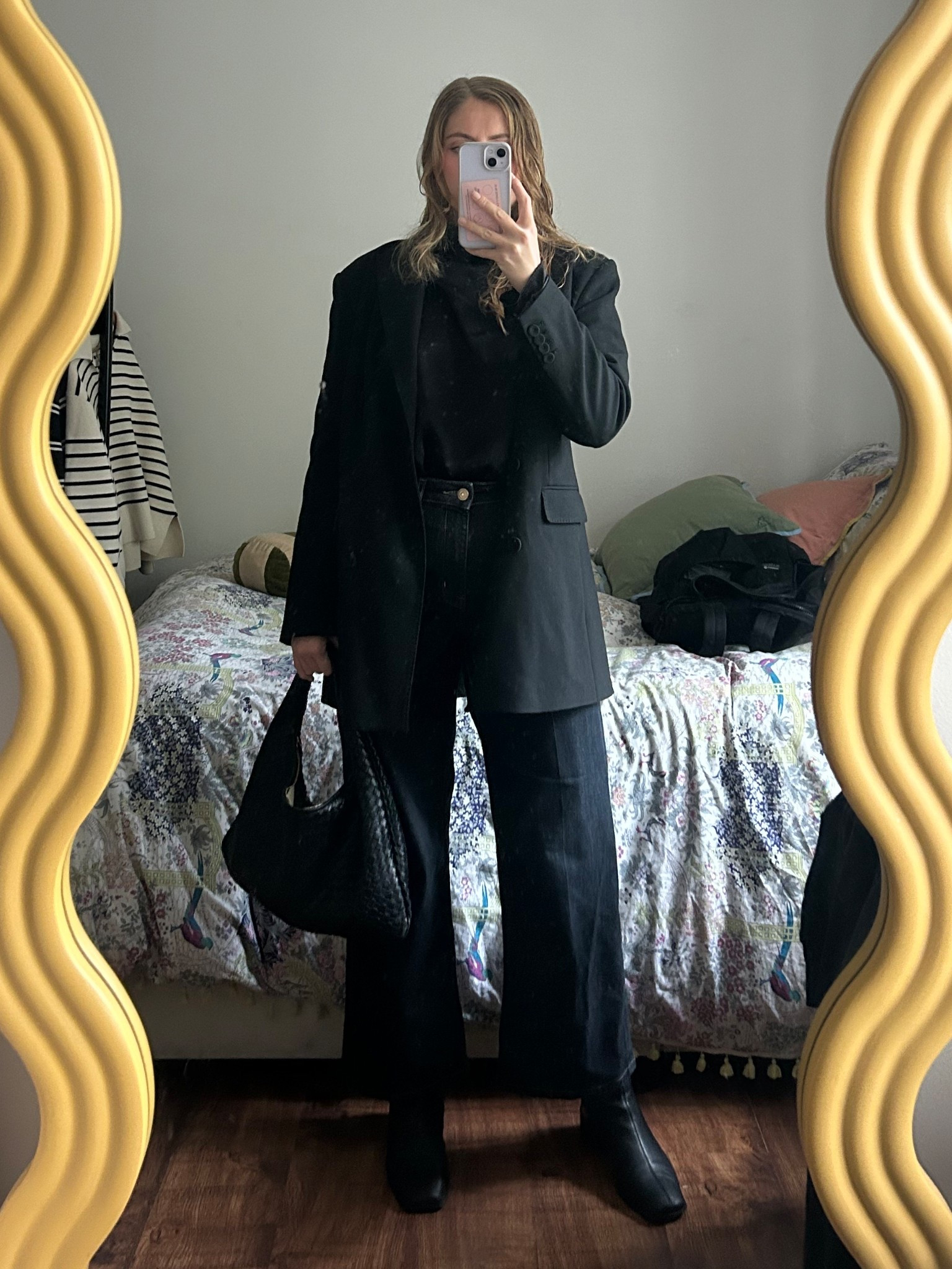 What I wore to the office in London! Dark denim bootcut jeans, block toe black leather boots from Marks and Spencer, vintage Bottega Veneta bag from eBay (similar to the Hoop bag), black satin blouse and black oversized blazer 

 #LTKuk #LTKautumn #LTKworkwear