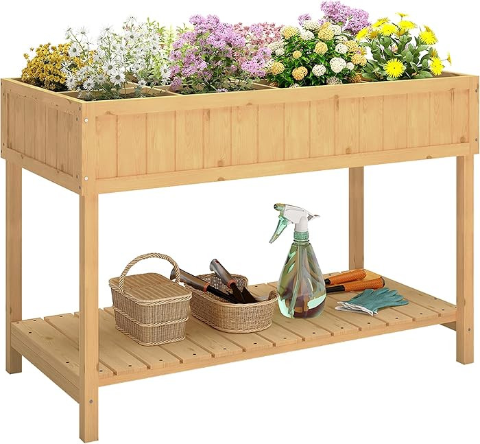 Outsunny 43x18x30in Raised Garden Bed with 8 Pockets and Shelf, Wooden Elevated Planter Box with ... | Amazon (US)