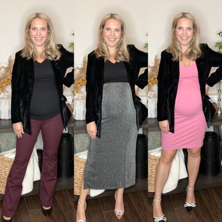 New Velvet blazer at Old Navy styled 3 ways for the holidays! I’m wearing a size small blazer, size 6 pants, size small midi skirt, and size medium maternity dress. 

Holiday style, fall outfits, holiday dress, old navy style, Christmas dress, maternity, velvet blazer, work wear 

#LTKworkwear #LTKbump #LTKHoliday