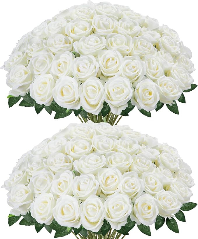 InnoGear 50 Pcs White Roses Artificial Flowers, Fake Velvet Silk Rose Bulk Faux Flower for Decora... | Amazon (US)