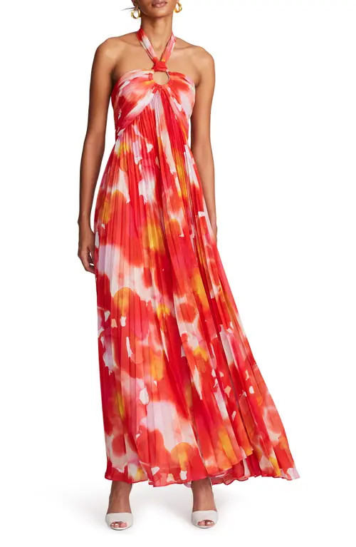 HALSTON Jill Pleated Chiffon Gown in Sunset Watercolor Print at Nordstrom, Size 14 | Nordstrom