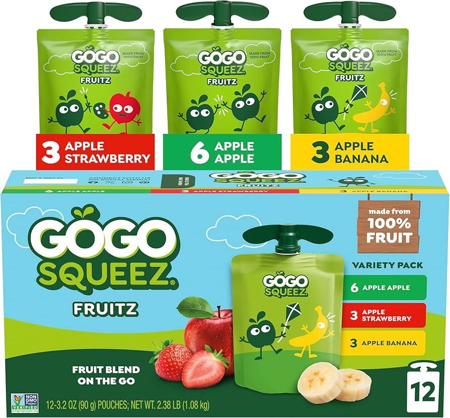 GoGo squeeZ No Sugar Added Applesauce and Fruit Puree, Apple, Strawberry, & Banana, 3.2 oz Pouche... | Amazon (US)