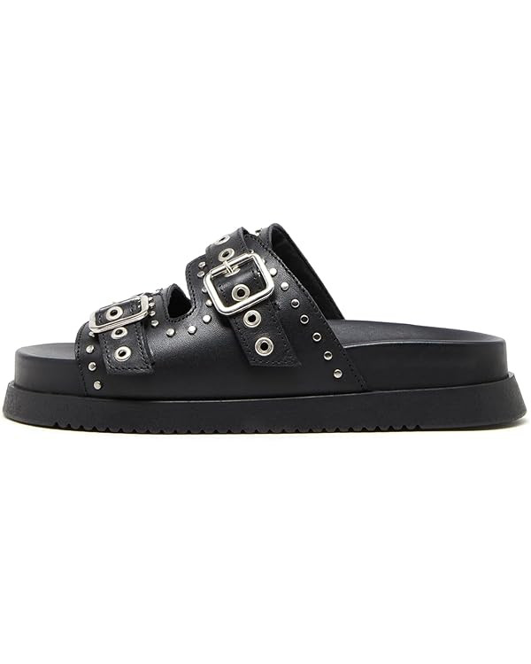 Womens Flat Slide Sandals Double Strap Adjustable Buckle Slip on Slides Shoes Stud Flatform Sanda... | Amazon (US)