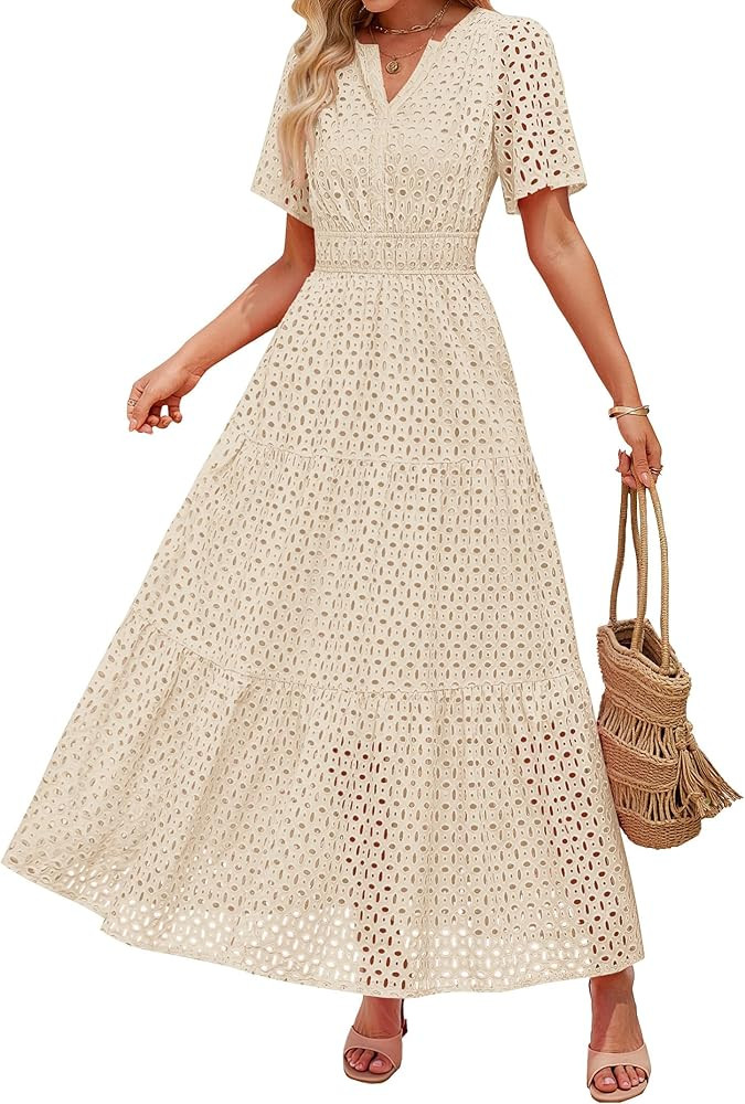 ZESICA Women's 2025 Summer Short Sleeve Maxi Dress Casual V Neck Hollow Out Eyelet Ruffle Swing A... | Amazon (US)