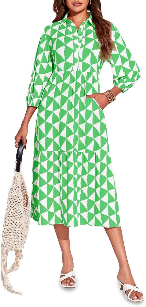 Wenrine Womens Boho Midi Dress Long Sleeve Casual Color Block Beach Button Down Shirt Dress | Amazon (US)