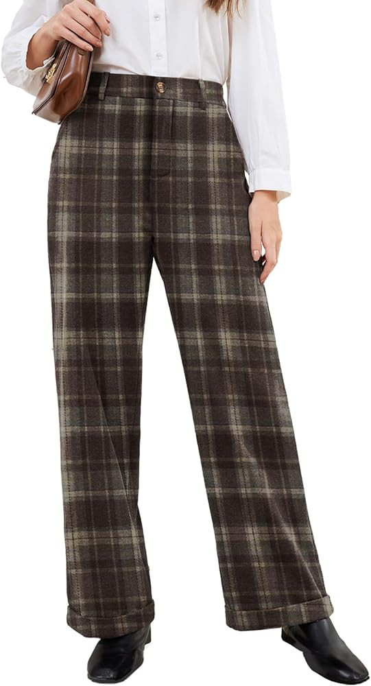 Women Plaid Dress Pants High Waisted Wide Leg Pants Fleece Pants for Women Stretchy Fall Trousers | Amazon (US)