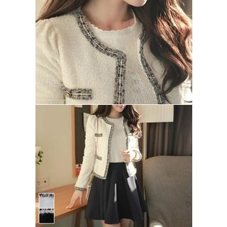 MyFiona - Contrast-Trim Open-Front Tweed Jacket | YesStyle Global