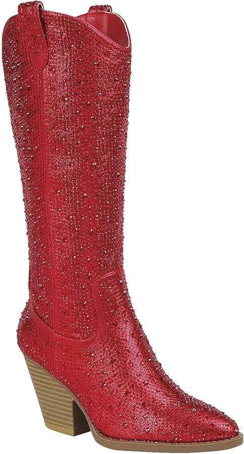 Forever Women Rhinestone Western Cowboy Pointed Toe Knee High Pull-on Boots | Amazon (US)