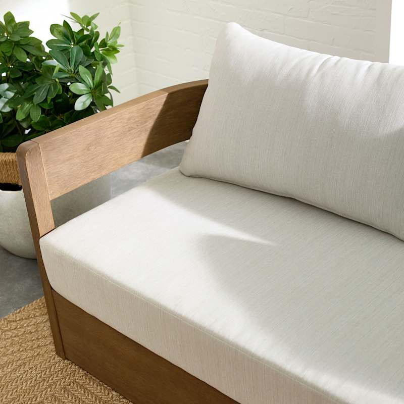 Oakes Driftwood Finish Acacia Wood Patio Sofa with Ash Cushions | At Home