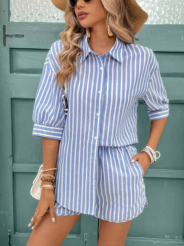 SHEIN Frenchy Linen Texture Two Piece Women Casual Set With Loose Striped Off-Shoulder Blouse And... | SHEIN