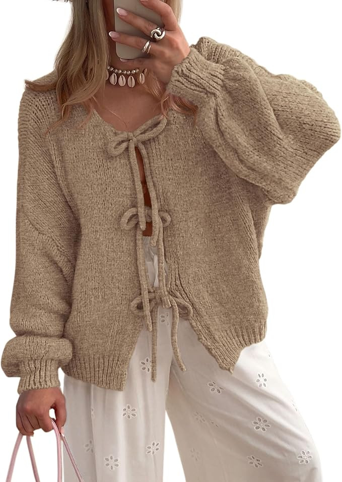 PRETTYGARDEN Women's Tie Front Bow Cardigan Sweaters Chunky Knit Long Puff Sleeve Trendy Fall Win... | Amazon (US)