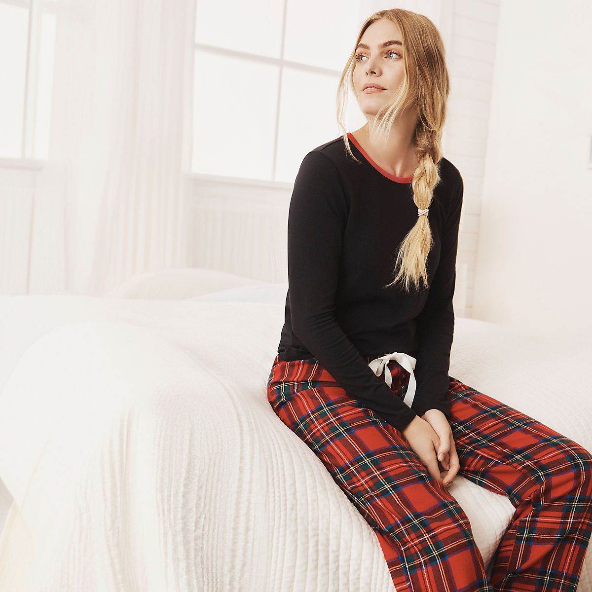Women's Pajama Set Knit Long Sleeve T-Shirt and Flannel Pants | Lands' End (US)