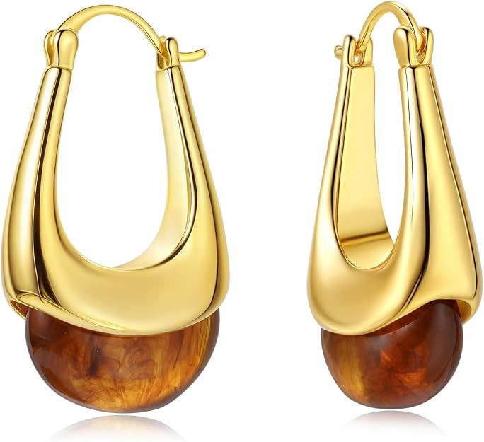 Vintage Chunky Gold Hoops Earrings for Women, Gold Dangle Drop Earrings with Brown/Pink/White/Gre... | Amazon (US)