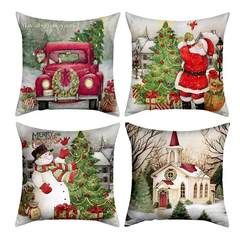 Sanmadrola 4 Pack Christmas Throw Pillow Covers 18''x18'' Velvet Christmas Decor Scenery Throw Pi... | Walmart (US)