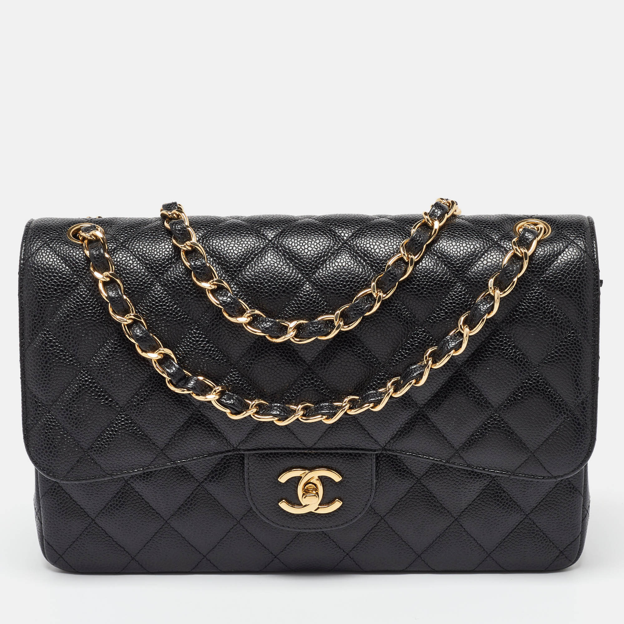 Chanel Black Caviar Quilted Leather Jumbo Classic Double Flap Bag.. | Shop Simon
