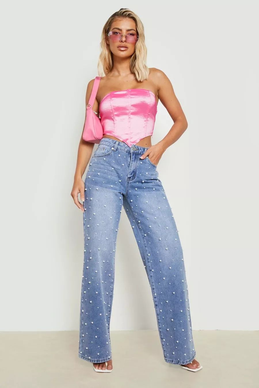 Pearl Embellished Low Waisted Relax Fit Jeans | Boohoo.com (US & CA)