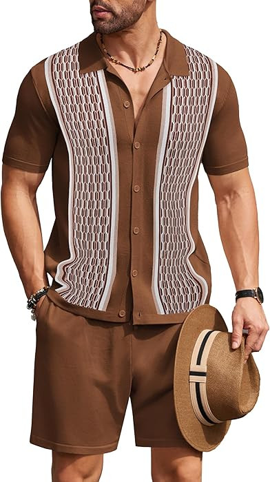 COOFANDY Men's 2 Piece Outfit Vintage Short Sleeve Button Down Knit Polo Shirts Casual Beach Shor... | Amazon (US)