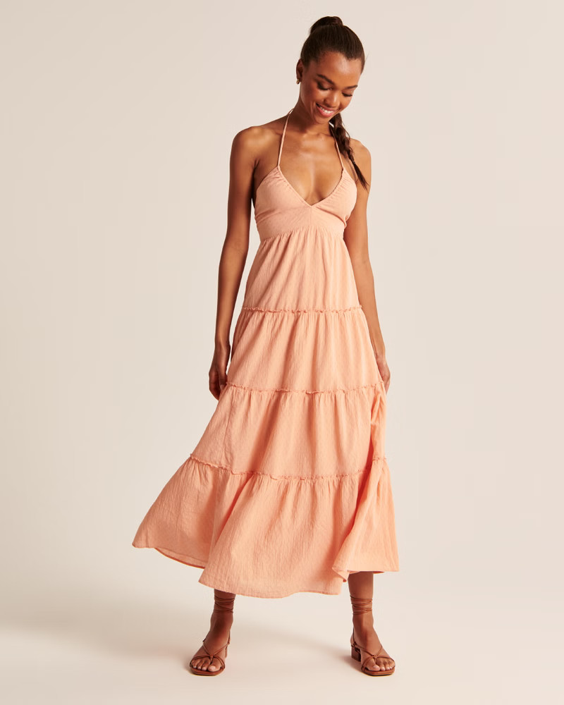 Low-Cut Halter Tiered Maxi Dress | Abercrombie & Fitch (US)