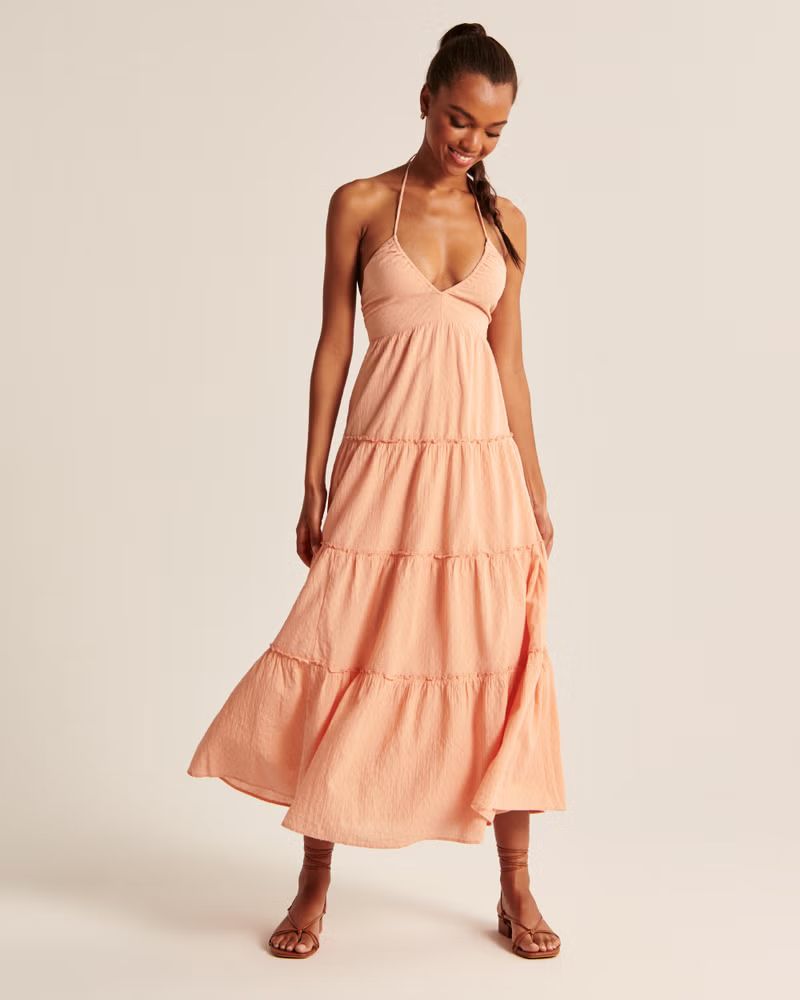 Low-Cut Halter Tiered Maxi Dress | Abercrombie & Fitch (US)