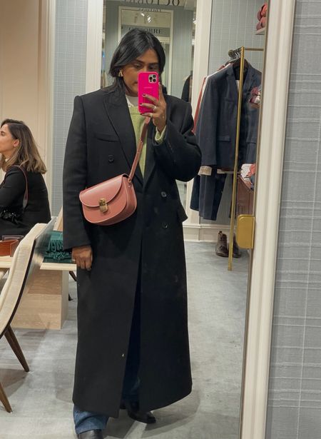 Cos, Sezane, transitional outfit, transitional style, winter outfit, winter fashion, black coat, wool coat, green jumper, knit jumper, crossbody bag, pink bag, winter outfit, style inspiration 

#LTKSeasonal #LTKeurope #LTKstyletip