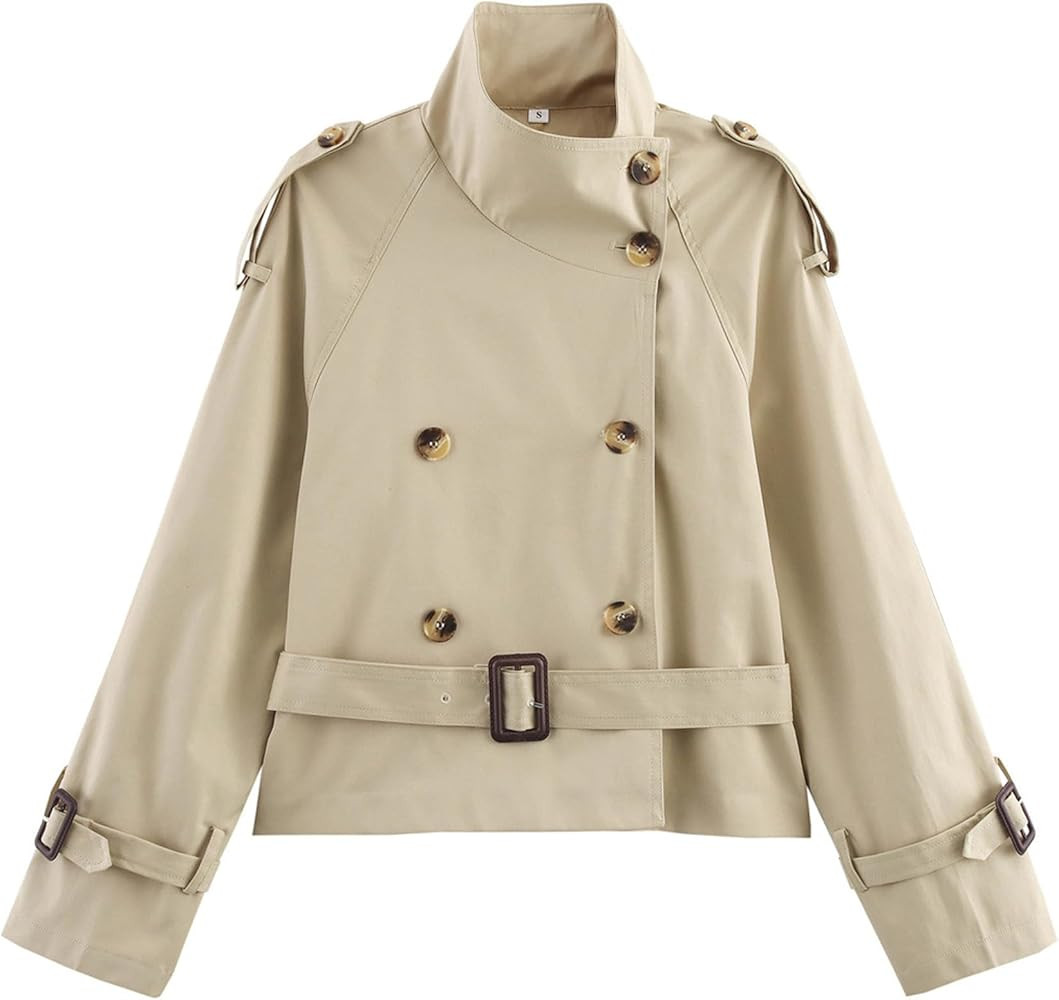 Women Trench Coat Double Breasted Stand Collar Belted Outerwear Fall Casual Fashion Cropped Jacke... | Amazon (US)