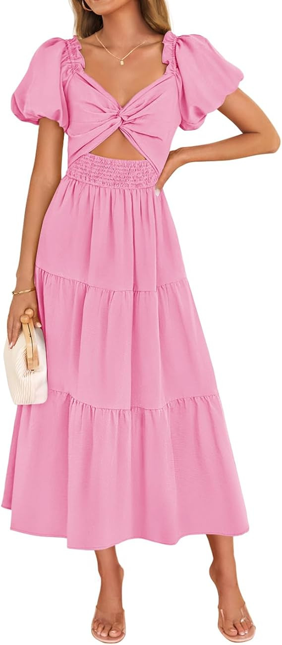 ZESICA Womens Summer Casual Flowy Vacation Maxi Dress 2026 Short Puff Sleeve A Line Smocked Cutou... | Amazon (US)