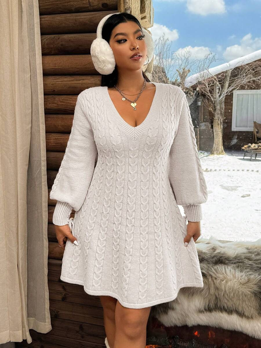 SHEIN EZwear Plus Size Loose Knitted Beige Lantern Sleeve Sweater Dress For Autumn/Winter | SHEIN