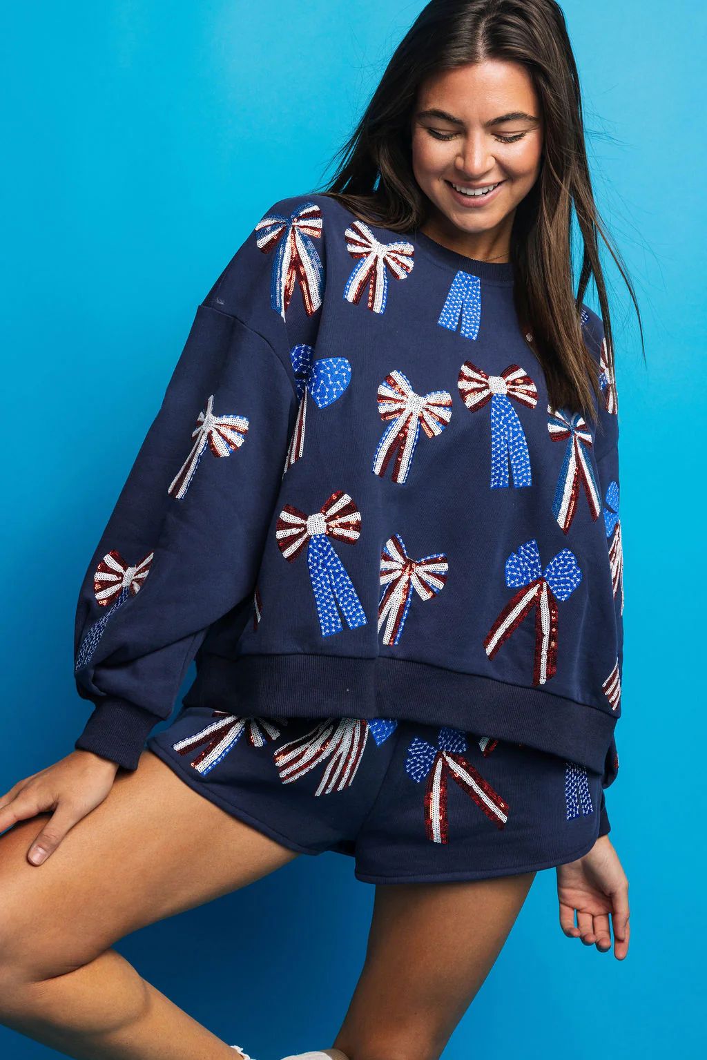 Navy, Red, White & Blue Bow Sweatshirt | Queen of Sparkles