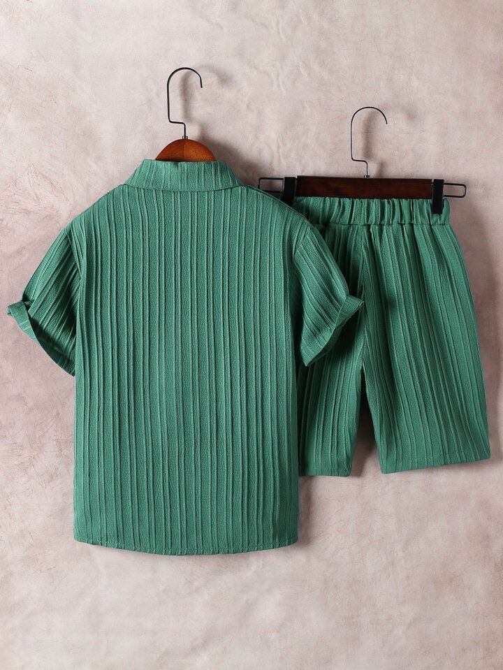 SHEIN Tween Boy Solid Button Front Shirt & Shorts Without Tee | SHEIN