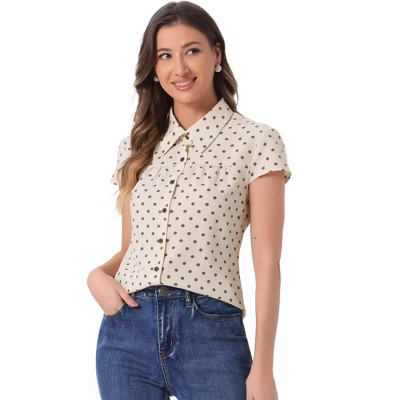 INSPIRE CHIC Women's Short Sleeve Vintage Polka Dots Button Up Blouse X-Small Dark Beige | Target