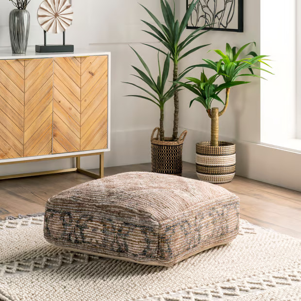 Brown Faded Jute Medallion Floor Cushion 8" H x 25" W x 25" D | Rugs USA