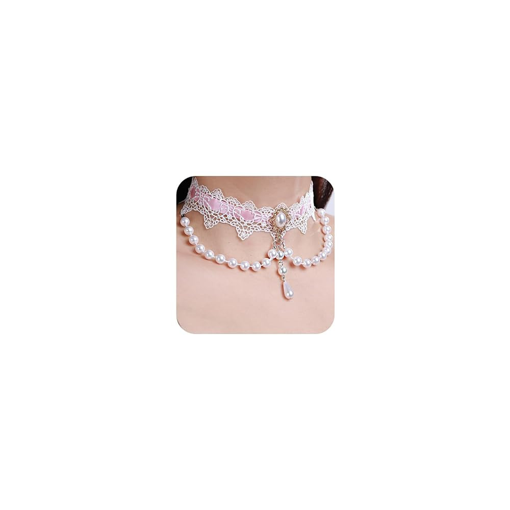 Xerling Elegant White Lace Choker Necklace Vintage Pearl Necklaces Gothic Victorian Lolita Costum... | Amazon (US)