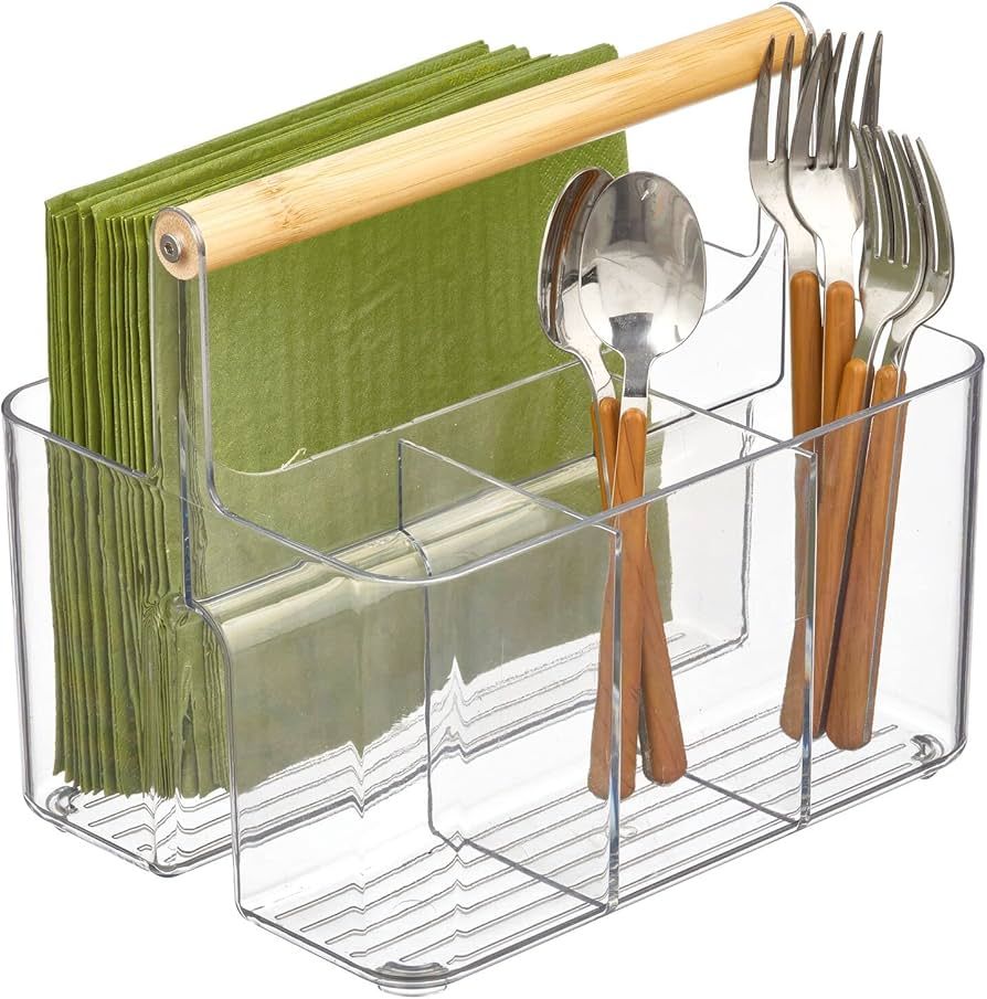 mDesign Plastic Portable Storage Organizer Kitchen Caddy Tote, Divided Bin w/Wood Handle for Napk... | Amazon (US)