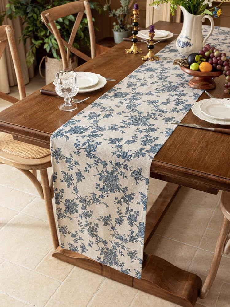 1pc Vintage American Style Floral Rose Print Table Runner, Farmhouse Decor For Dining Room, Study... | SHEIN