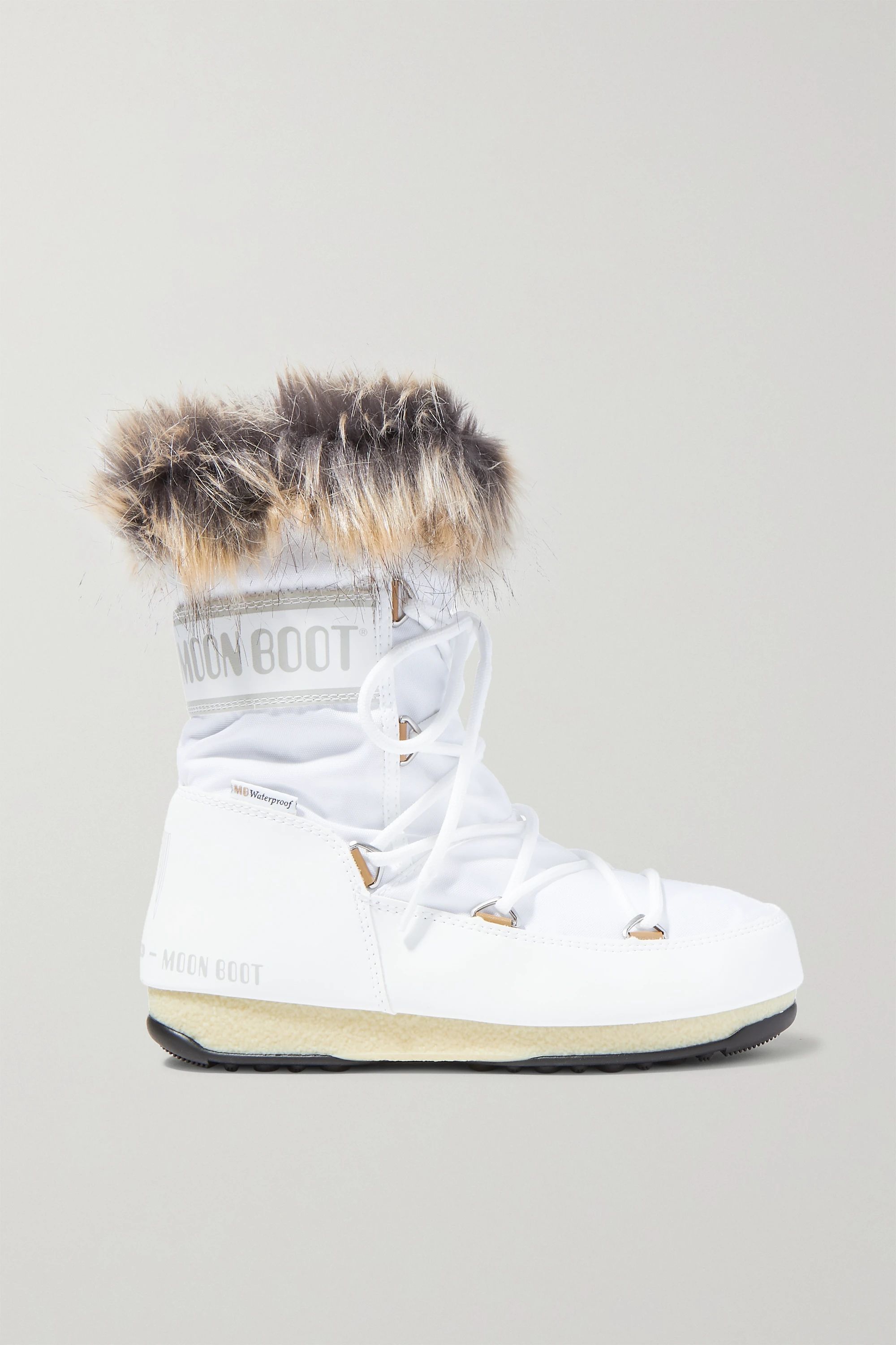 White Monaco faux fur-trimmed shell and faux leather snow boots | Moon Boot | NET-A-PORTER | NET-A-PORTER (US)
